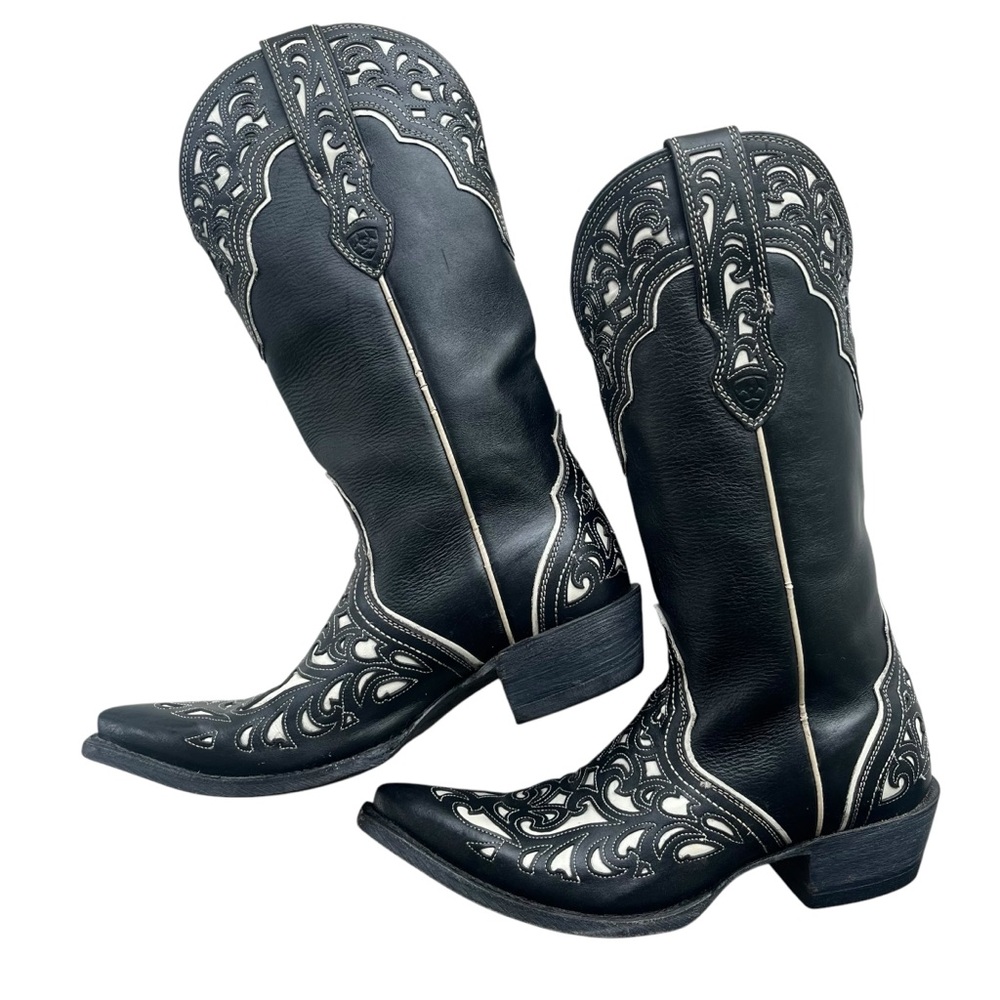ARIAT Women 6.5B Black Whit Presidio Leather Cutout Design Cowgirl Boot 10008747